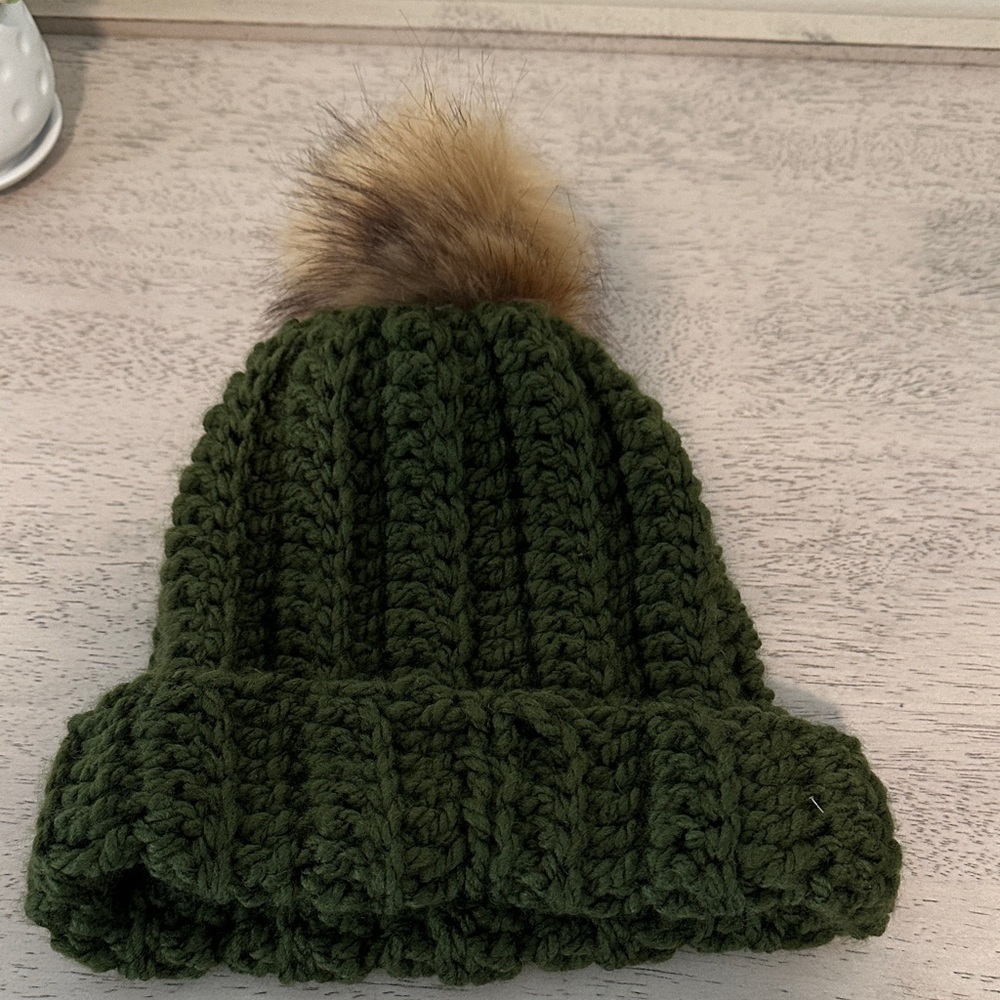 Green Knit Beanie with Faux Fur Pom